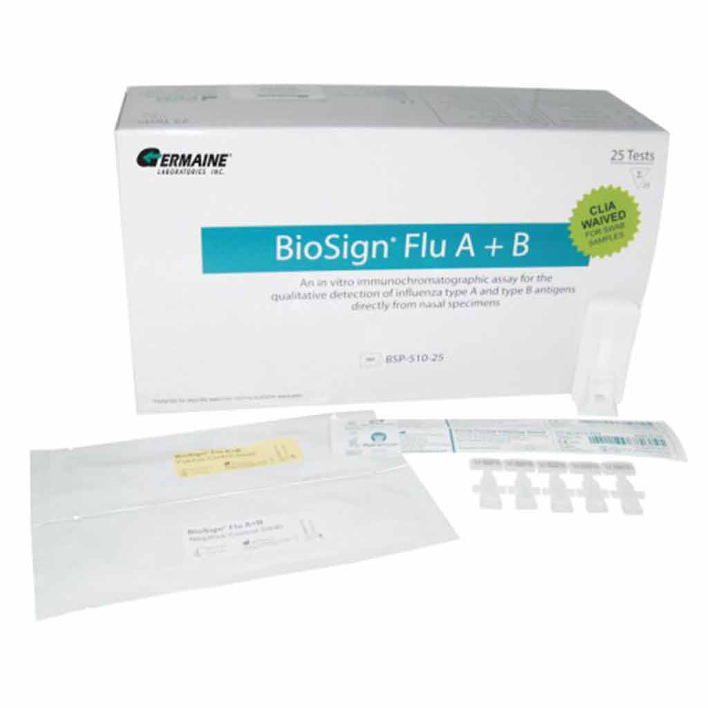 Rapid Test Kit Infectious Disease Immunoassay Influenza A + B Nasal Swab / Nasopharyngeal Swab / Nasal Wash Sample BioSign® (25/BX 20BX/CS) by Germaine Laboratories  ID BSP-510-25